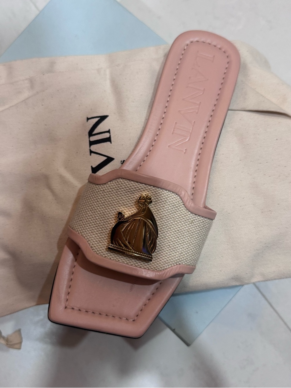 Lanvin Pink and Cream Slide with Gold Crest
